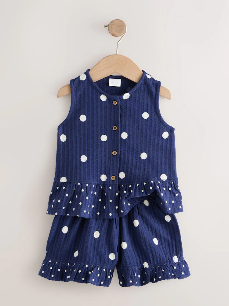 |Girl| Conjunto De Regata Peplum e Shorts Azul-Marinho Com Estampa De Bolinhas (3 meses a 7 anos)