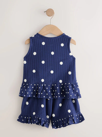 |Girl| Conjunto De Regata Peplum e Shorts Azul-Marinho Com Estampa De Bolinhas (3 meses a 7 anos)