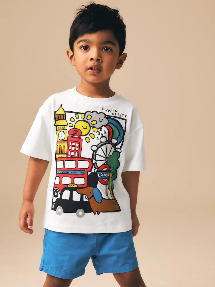 |Boy| Camiseta Branca De Manga Curta Com Estampa De Londres (3 meses a 7 anos)