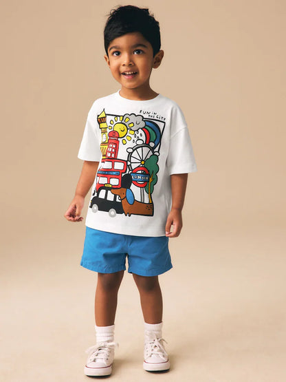 |Boy| Camiseta Branca De Manga Curta Com Estampa De Londres (3 meses a 7 anos)