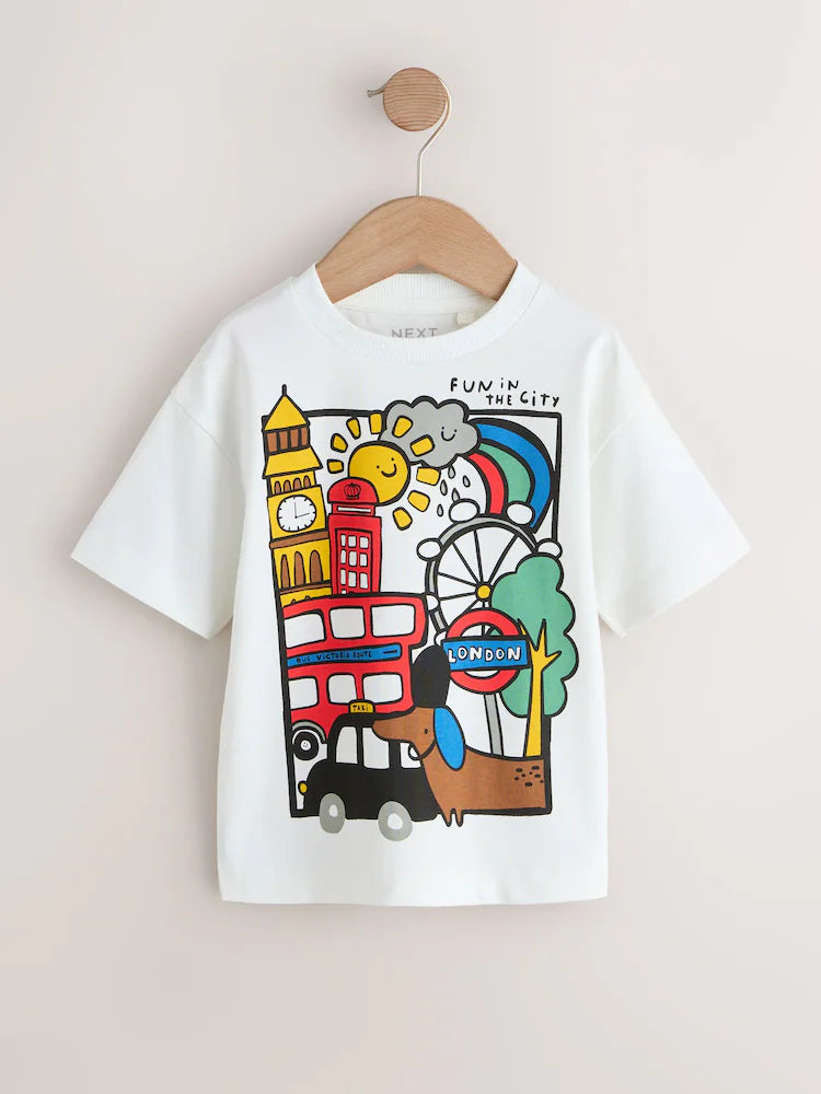 |Boy| Camiseta Branca De Manga Curta Com Estampa De Londres (3 meses a 7 anos)