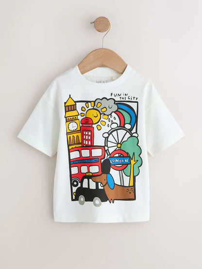 |Boy| Camiseta Branca De Manga Curta Com Estampa De Londres (3 meses a 7 anos)
