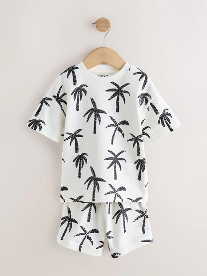 |Boy| Conjunto De Camiseta De Manga Curta e Shorts Com Estampa Total De Palmeiras Em Branco e preto (3 meses a 7 anos)