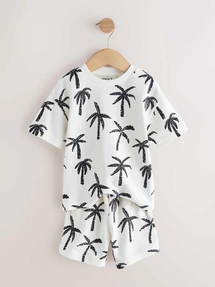 |Boy| Conjunto De Camiseta De Manga Curta e Shorts Com Estampa Total De Palmeiras Em Branco e preto (3 meses a 7 anos)