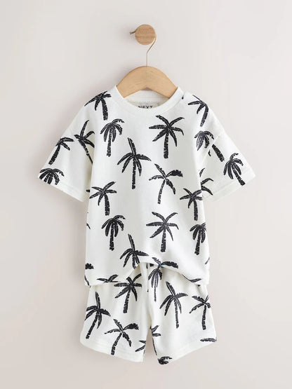 |Boy| Conjunto De Camiseta De Manga Curta e Shorts Com Estampa Total De Palmeiras Em Branco e preto (3 meses a 7 anos)