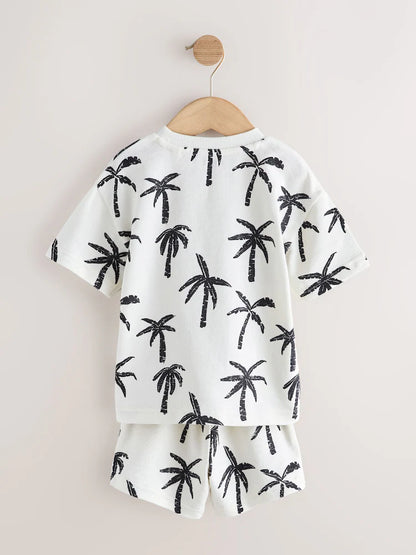 |Boy| Conjunto De Camiseta De Manga Curta e Shorts Com Estampa Total De Palmeiras Em Branco e preto (3 meses a 7 anos)