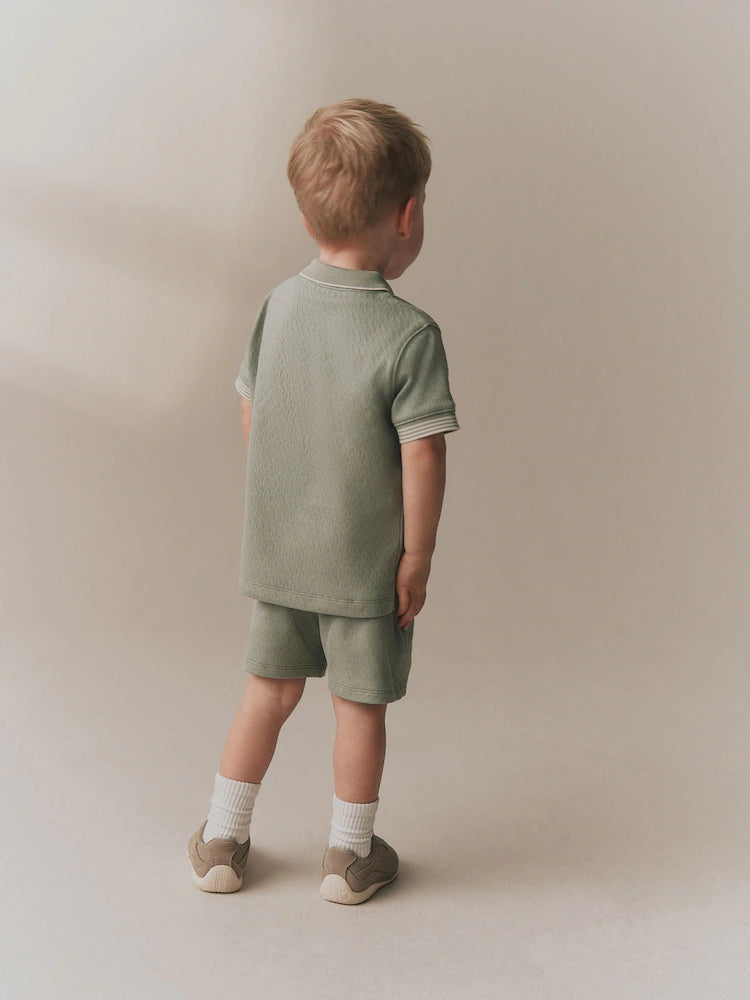 |Boy| Conjunto De Camisa Polo De Manga Curta Com Zíper Do Pescoço e Shorts Na Cor Verde Sálvia (3 meses a 7 anos)