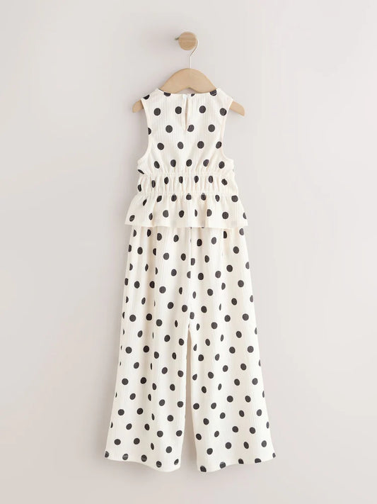 |BigGirl| Conjunto De Blusa Monocromática Com Estampa De Bolinhas e Calça Pantalona (3-16 anos)