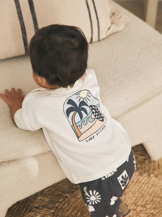 |BabyBoy| Conjunto Infantil Cinza/Branco Com Estampa De Palmeiras, Composto Por Blusa e Shorts (0 meses a 2 anos)