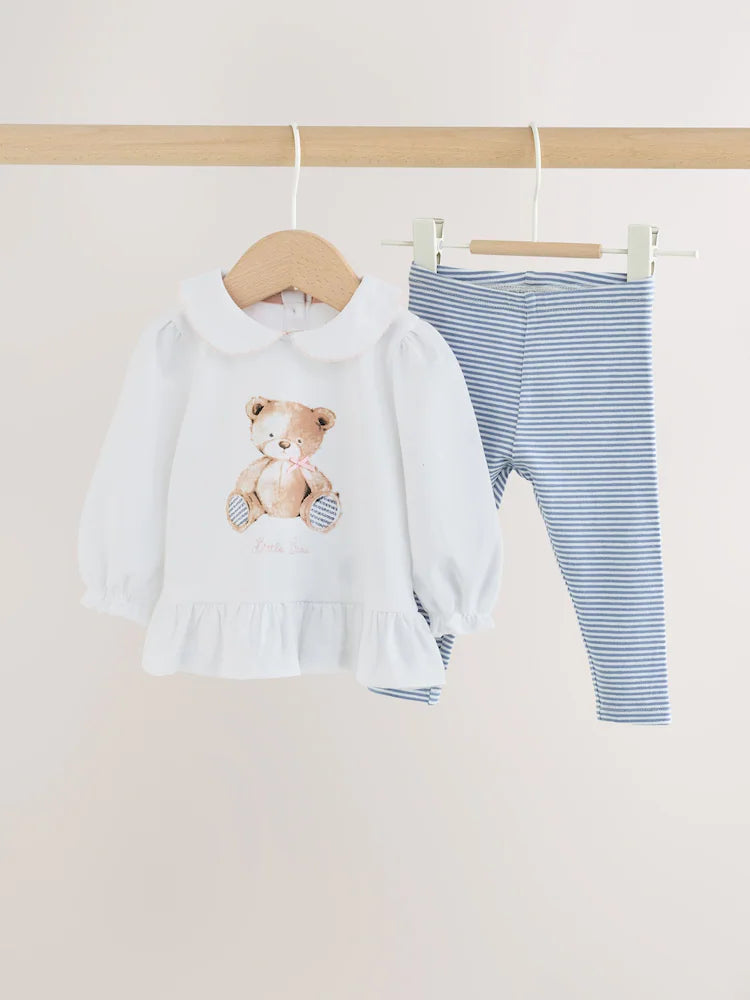 |BabyGirl| Conjunto De 2 Peças Com Camiseta e Legging De Ursinho (branco/azul) – Bebê (0 meses a 2 anos)