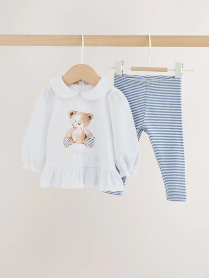 |BabyGirl| Conjunto De 2 Peças Com Camiseta e Legging De Ursinho (branco/azul) – Bebê (0 meses a 2 anos)