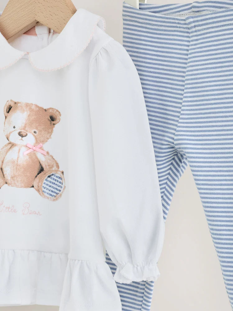 |BabyGirl| Conjunto De 2 Peças Com Camiseta e Legging De Ursinho (branco/azul) – Bebê (0 meses a 2 anos)