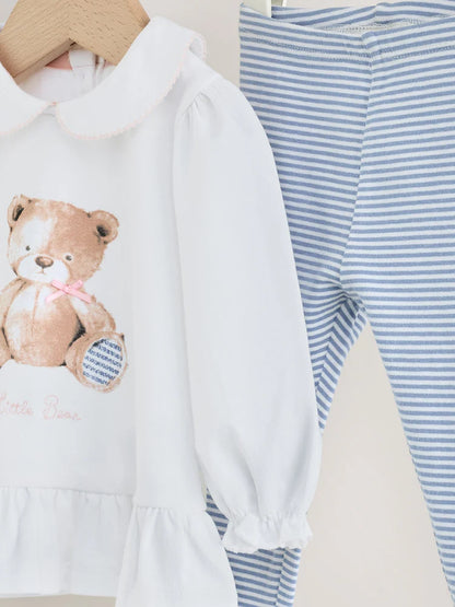 |BabyGirl| Conjunto De 2 Peças Com Camiseta e Legging De Ursinho (branco/azul) – Bebê (0 meses a 2 anos)