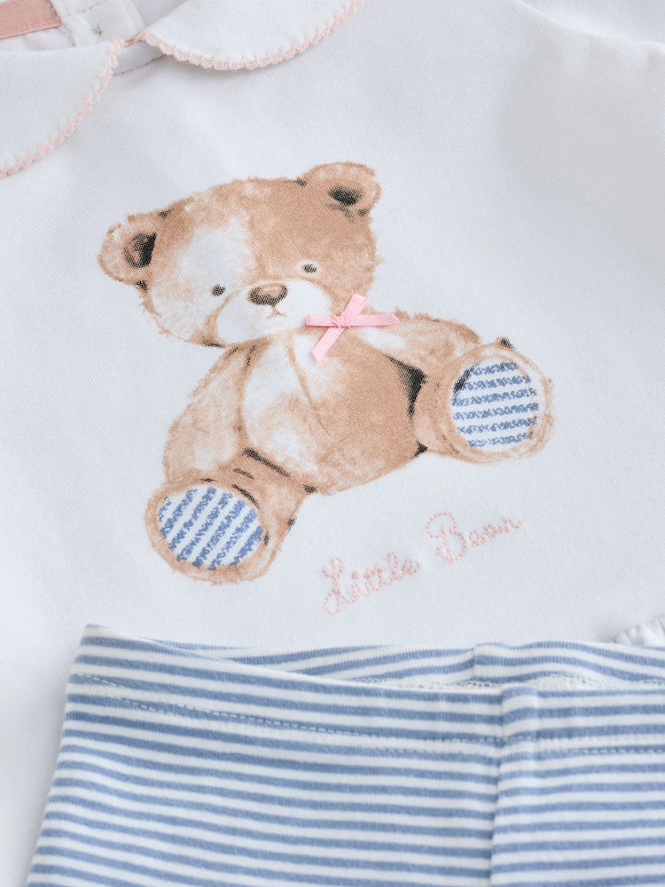 |BabyGirl| Conjunto De 2 Peças Com Camiseta e Legging De Ursinho (branco/azul) – Bebê (0 meses a 2 anos)