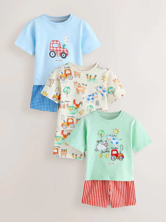 |Boy| Conjunto De 3 Pijamas Curtos De Tecido Com Estampa De Animais De Fazenda Nas Cores azul, verde e creme (9 meses a 8 anos)