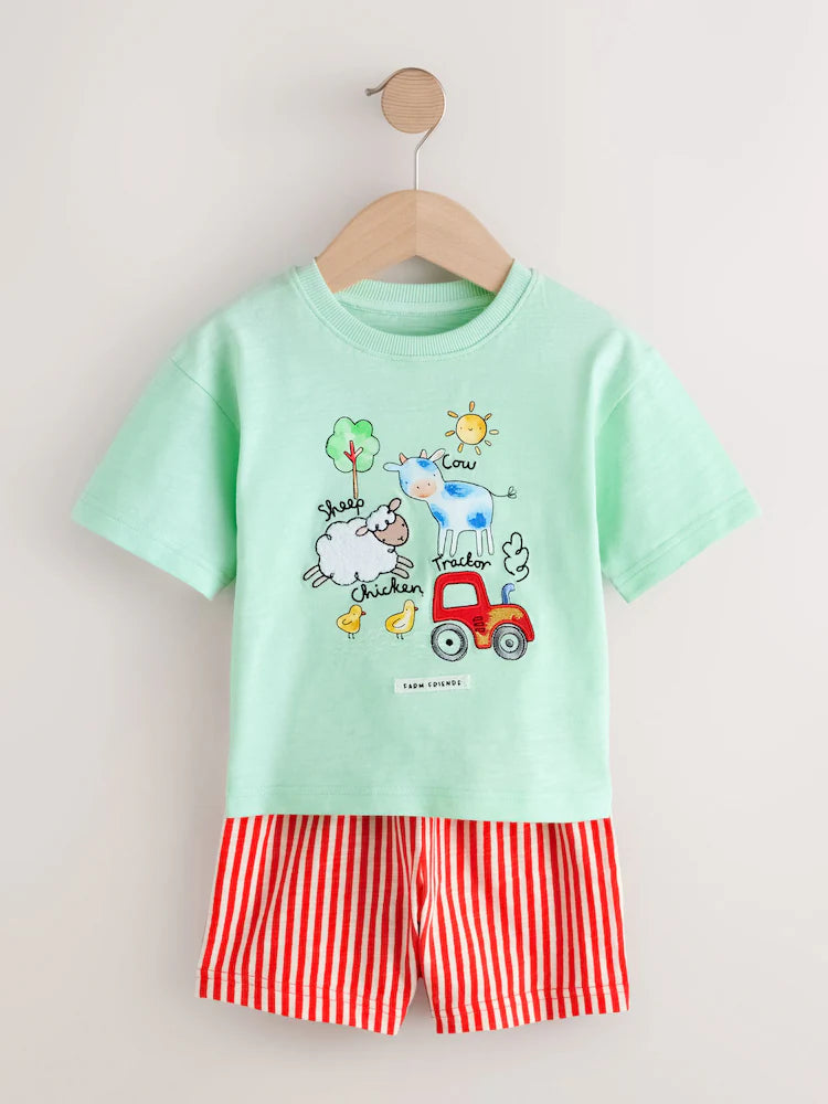 |Boy| Conjunto De 3 Pijamas Curtos De Tecido Com Estampa De Animais De Fazenda Nas Cores azul, verde e creme (9 meses a 8 anos)