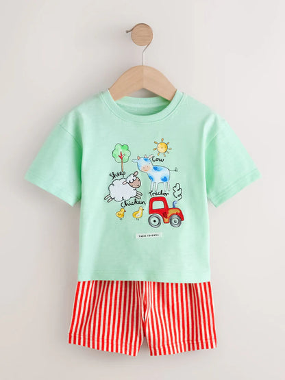 |Boy| Conjunto De 3 Pijamas Curtos De Tecido Com Estampa De Animais De Fazenda Nas Cores azul, verde e creme (9 meses a 8 anos)