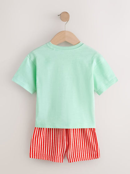 |Boy| Conjunto De 3 Pijamas Curtos De Tecido Com Estampa De Animais De Fazenda Nas Cores azul, verde e creme (9 meses a 8 anos)
