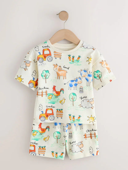 |Boy| Conjunto De 3 Pijamas Curtos De Tecido Com Estampa De Animais De Fazenda Nas Cores azul, verde e creme (9 meses a 8 anos)