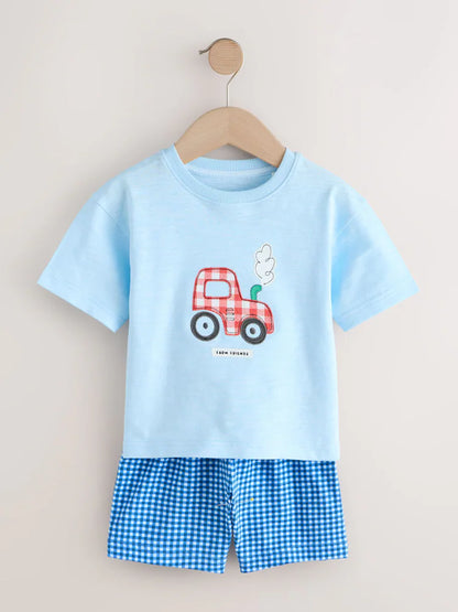 |Boy| Conjunto De 3 Pijamas Curtos De Tecido Com Estampa De Animais De Fazenda Nas Cores azul, verde e creme (9 meses a 8 anos)