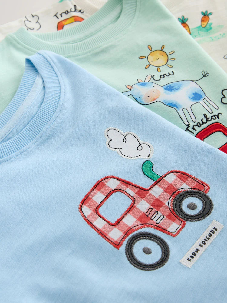 |Boy| Conjunto De 3 Pijamas Curtos De Tecido Com Estampa De Animais De Fazenda Nas Cores azul, verde e creme (9 meses a 8 anos)