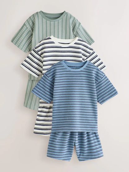 |Boy| Conjunto De 3 Pijamas Curtos Listrados Em Azul, Branco e Cinza (12 meses a 12 anos)