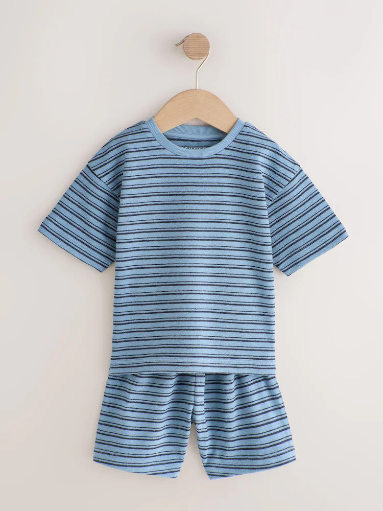 |Boy| Conjunto De 3 Pijamas Curtos Listrados Em Azul, Branco e Cinza (12 meses a 12 anos)