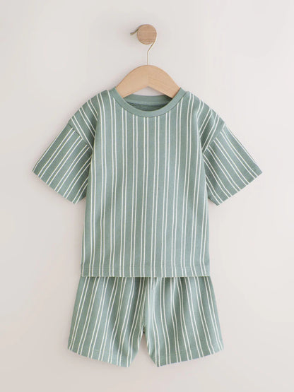 |Boy| Conjunto De 3 Pijamas Curtos Listrados Em Azul, Branco e Cinza (12 meses a 12 anos)