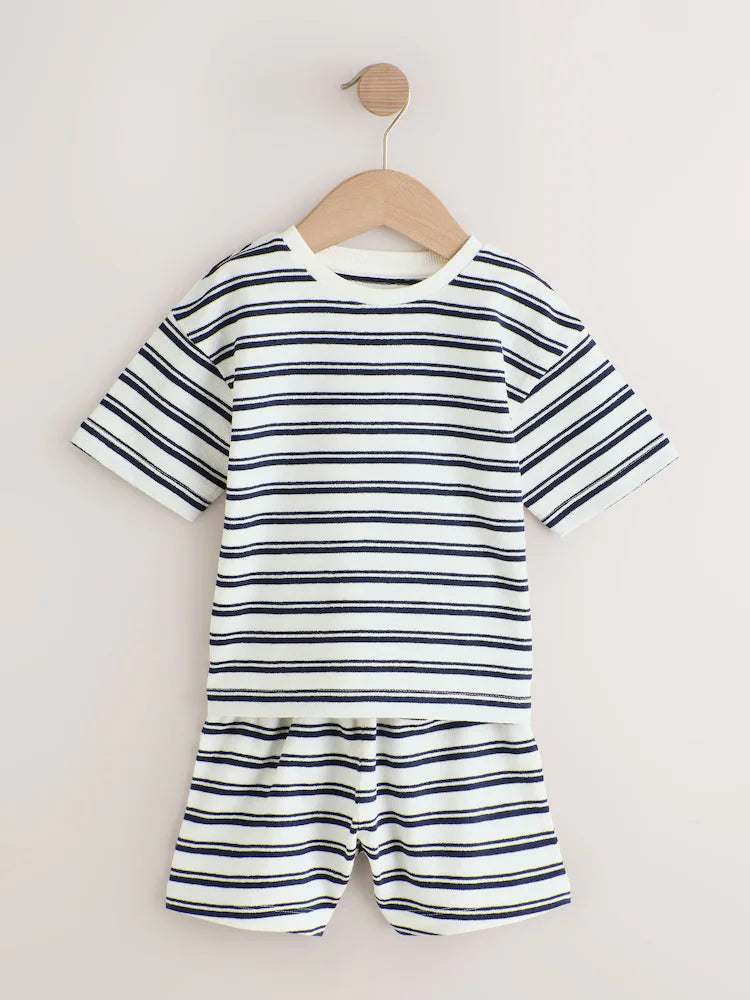 |Boy| Conjunto De 3 Pijamas Curtos Listrados Em Azul, Branco e Cinza (12 meses a 12 anos)