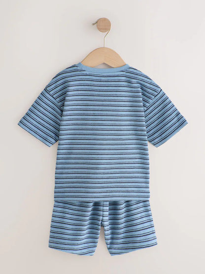 |Boy| Conjunto De 3 Pijamas Curtos Listrados Em Azul, Branco e Cinza (12 meses a 12 anos)