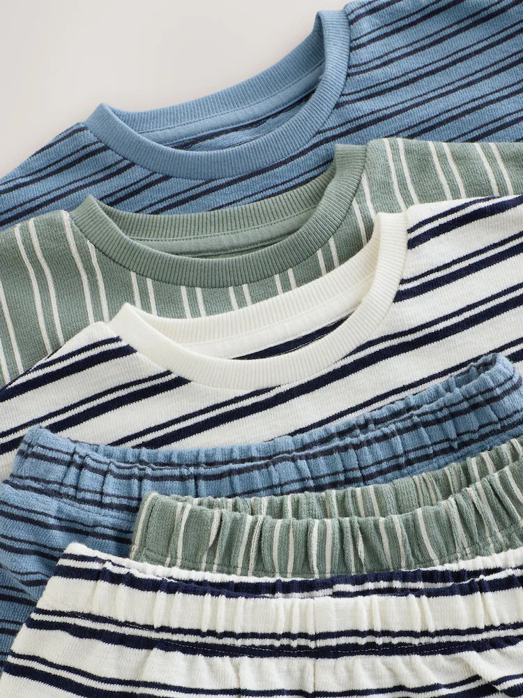 |Boy| Conjunto De 3 Pijamas Curtos Listrados Em Azul, Branco e Cinza (12 meses a 12 anos)