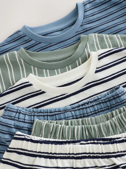 |Boy| Conjunto De 3 Pijamas Curtos Listrados Em Azul, Branco e Cinza (12 meses a 12 anos)