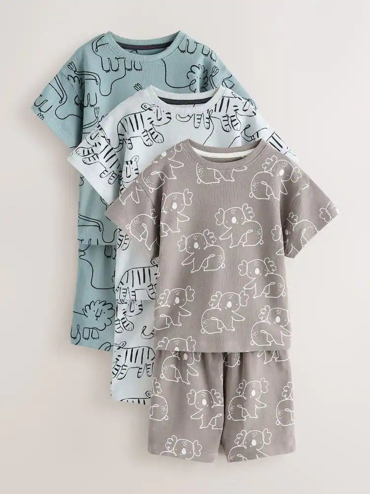 |Boy| Conjunto De 3 Pijamas Curtos Com Estampa Linear Azul/Cinza (9 meses a 10 anos)