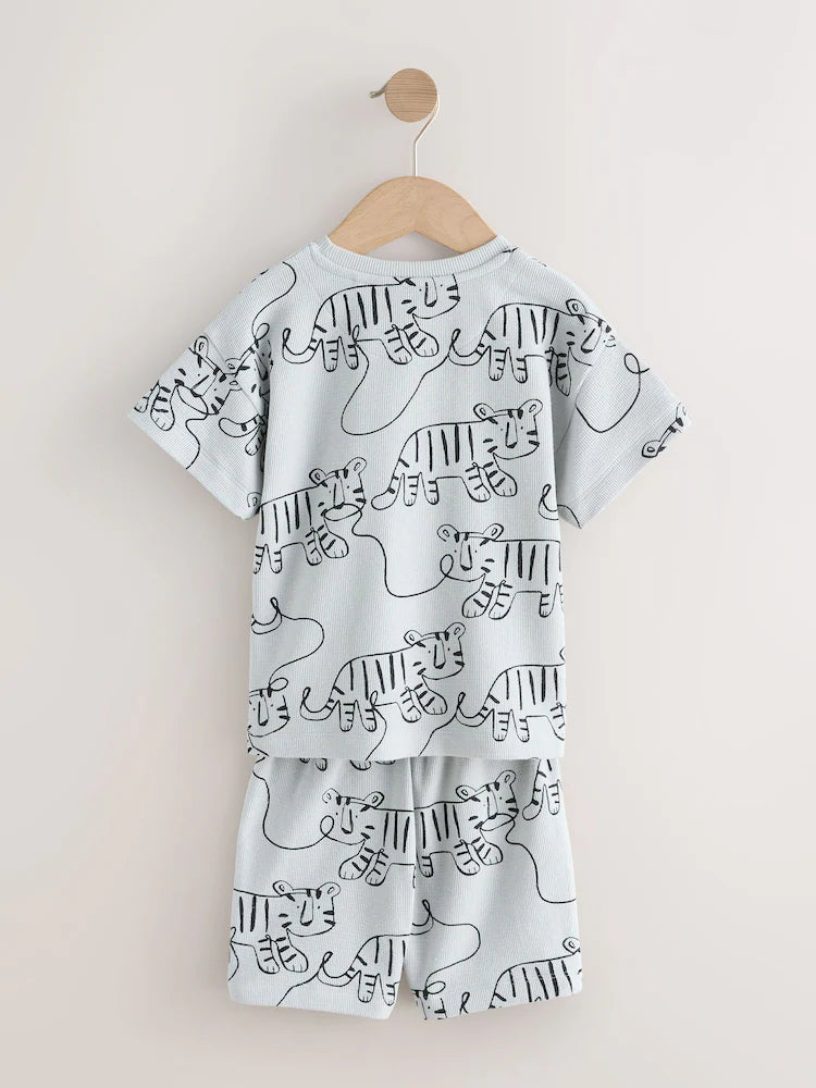 |Boy| Conjunto De 3 Pijamas Curtos Com Estampa Linear Azul/Cinza (9 meses a 10 anos)