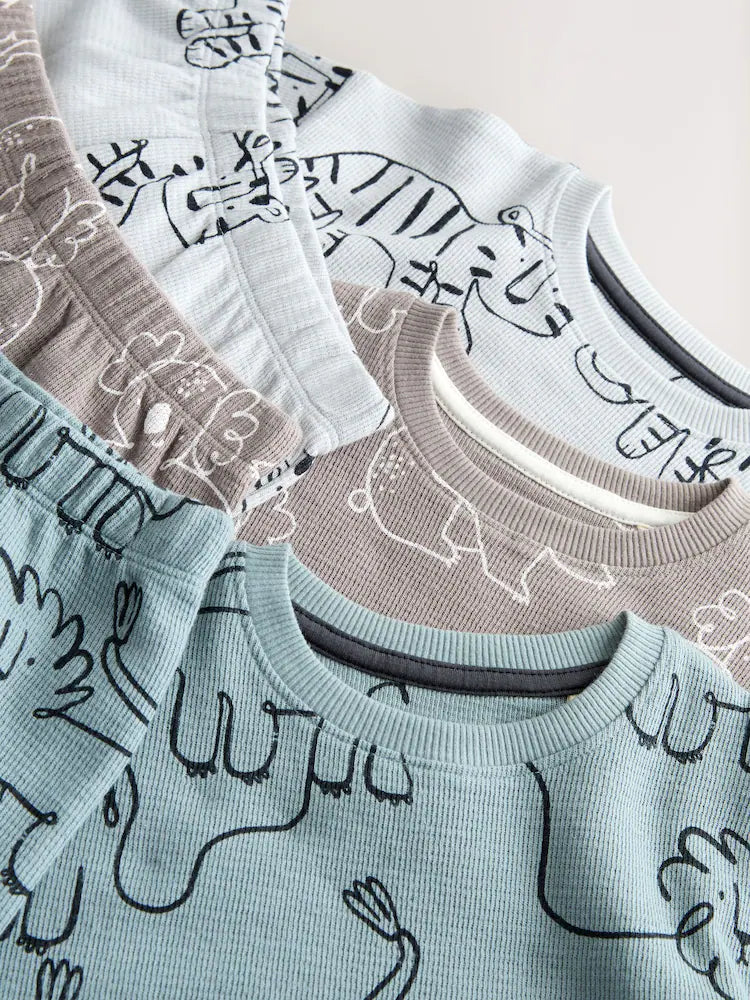 |Boy| Conjunto De 3 Pijamas Curtos Com Estampa Linear Azul/Cinza (9 meses a 10 anos)