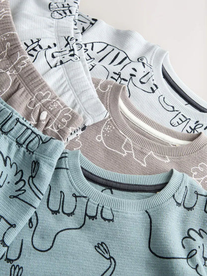 |Boy| Conjunto De 3 Pijamas Curtos Com Estampa Linear Azul/Cinza (9 meses a 10 anos)