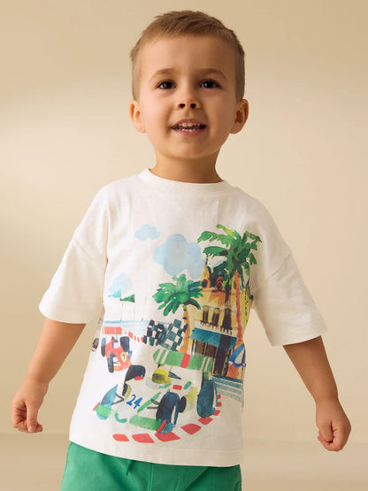 |Boy| Camiseta De Manga Curta Com Estampa Nas Costas De Cena De Corrida De Carros Em aquarela creme (3 meses a 7 anos)