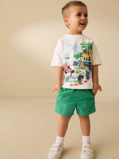 |Boy| Camiseta De Manga Curta Com Estampa Nas Costas De Cena De Corrida De Carros Em aquarela creme (3 meses a 7 anos)