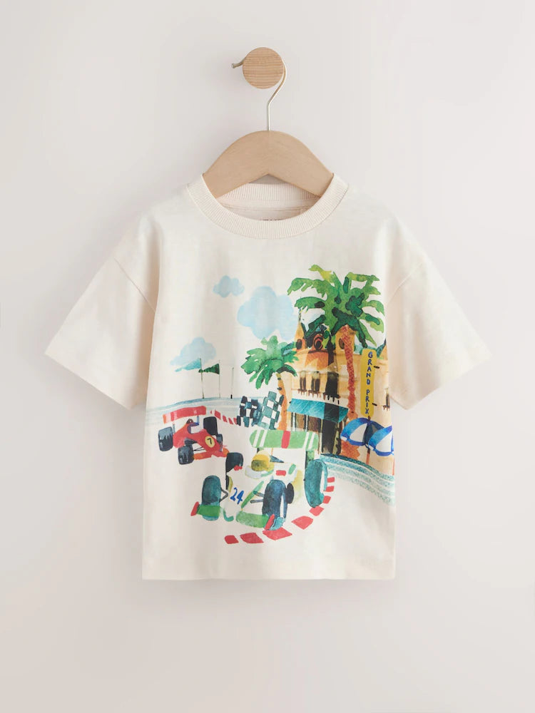 |Boy| Camiseta De Manga Curta Com Estampa Nas Costas De Cena De Corrida De Carros Em aquarela creme (3 meses a 7 anos)