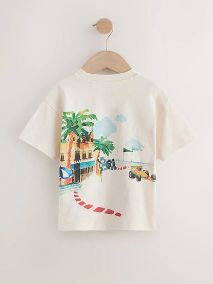 |Boy| Camiseta De Manga Curta Com Estampa Nas Costas De Cena De Corrida De Carros Em aquarela creme (3 meses a 7 anos)