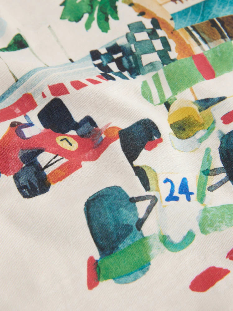 |Boy| Camiseta De Manga Curta Com Estampa Nas Costas De Cena De Corrida De Carros Em aquarela creme (3 meses a 7 anos)