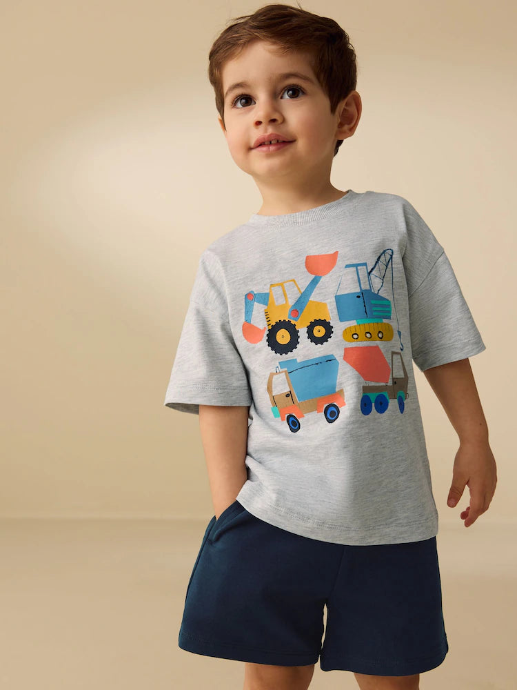 |Boy| Conjunto De Camiseta De Manga Curta e Shorts Com Estampa De Escavadora Cinza Mesclado (3 meses a 7 anos)