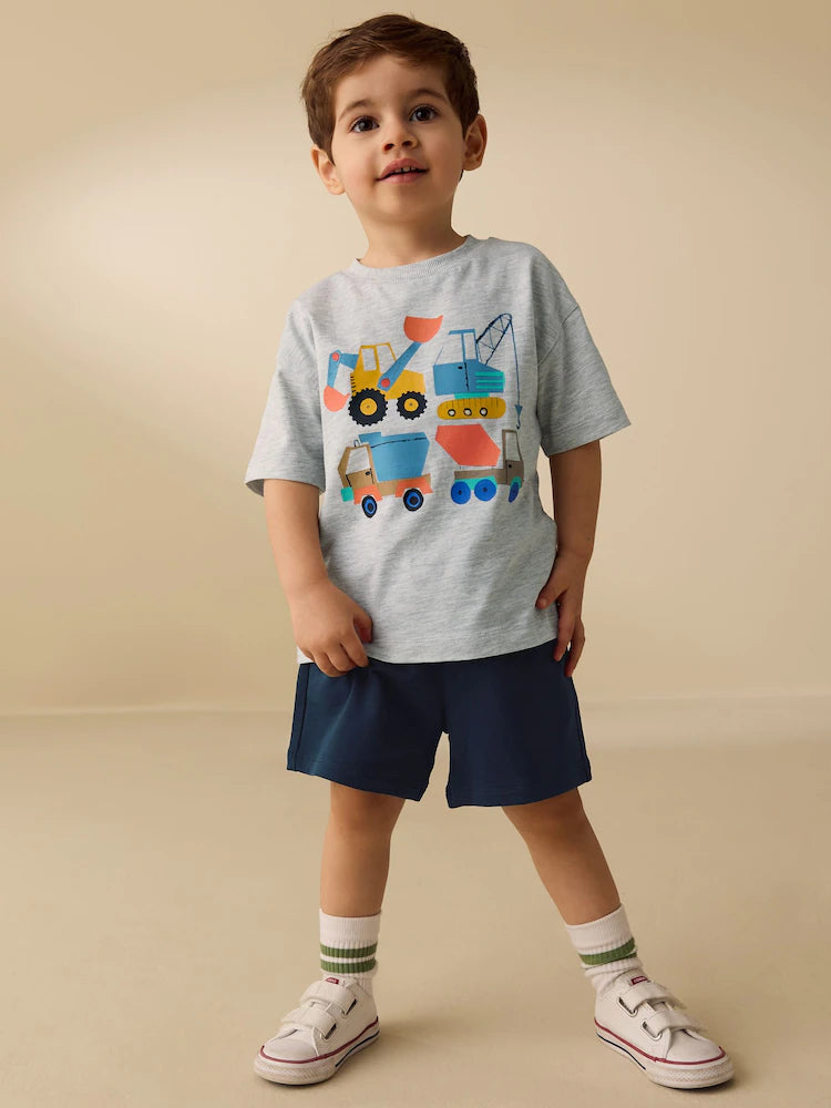 |Boy| Conjunto De Camiseta De Manga Curta e Shorts Com Estampa De Escavadora Cinza Mesclado (3 meses a 7 anos)