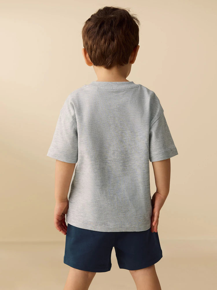 |Boy| Conjunto De Camiseta De Manga Curta e Shorts Com Estampa De Escavadora Cinza Mesclado (3 meses a 7 anos)