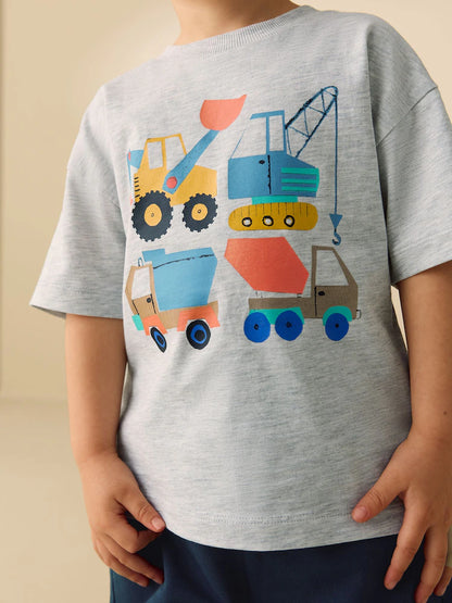 |Boy| Conjunto De Camiseta De Manga Curta e Shorts Com Estampa De Escavadora Cinza Mesclado (3 meses a 7 anos)