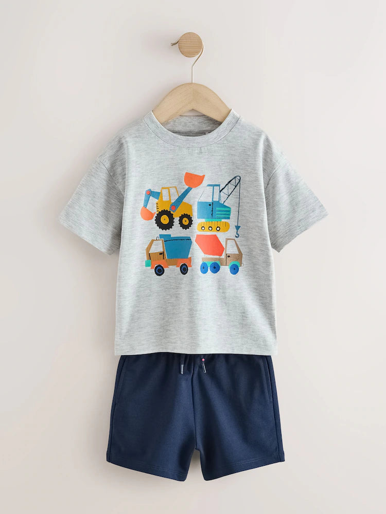 |Boy| Conjunto De Camiseta De Manga Curta e Shorts Com Estampa De Escavadora Cinza Mesclado (3 meses a 7 anos)