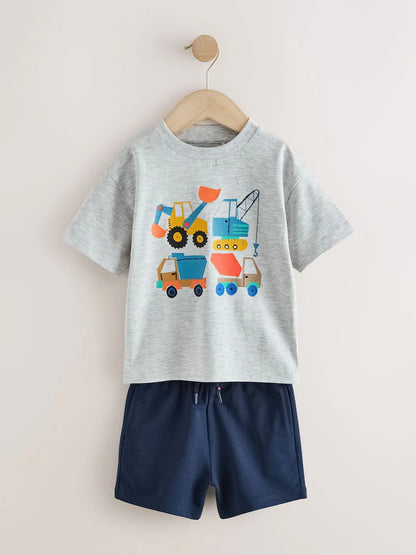 |Boy| Conjunto De Camiseta De Manga Curta e Shorts Com Estampa De Escavadora Cinza Mesclado (3 meses a 7 anos)