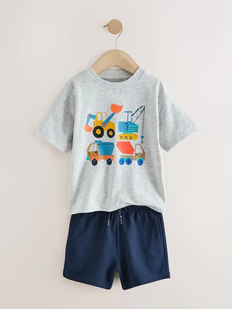 |Boy| Conjunto De Camiseta De Manga Curta e Shorts Com Estampa De Escavadora Cinza Mesclado (3 meses a 7 anos)