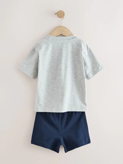 |Boy| Conjunto De Camiseta De Manga Curta e Shorts Com Estampa De Escavadora Cinza Mesclado (3 meses a 7 anos)