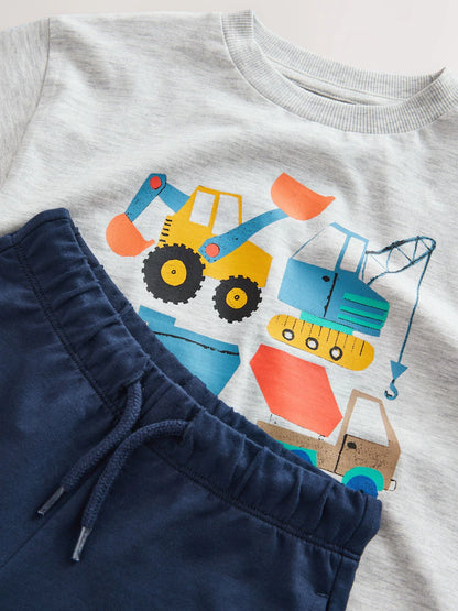 |Boy| Conjunto De Camiseta De Manga Curta e Shorts Com Estampa De Escavadora Cinza Mesclado (3 meses a 7 anos)